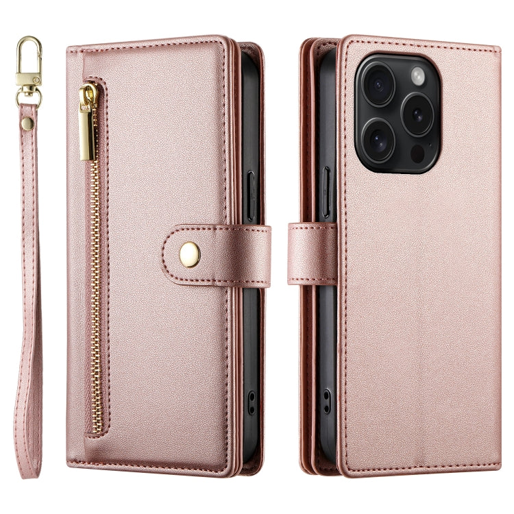 For iPhone 15 Pro Nine Card-slot Zipper Wallet Bag Leather Phone Case