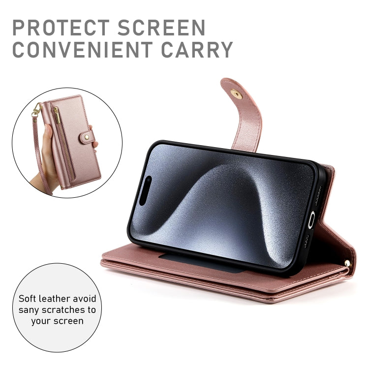 For iPhone 15 Pro Nine Card-slot Zipper Wallet Bag Leather Phone Case