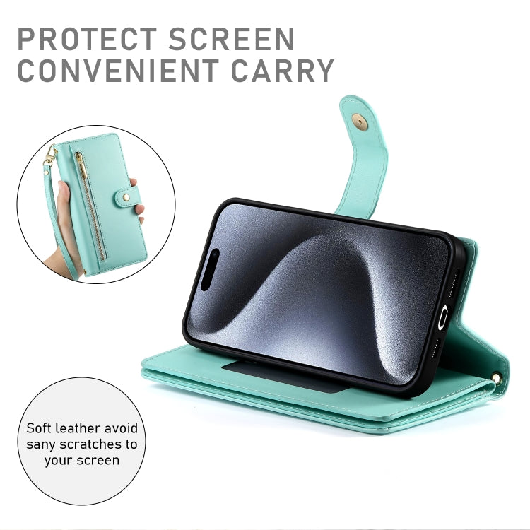 For iPhone 15 Pro Nine Card-slot Zipper Wallet Bag Leather Phone Case