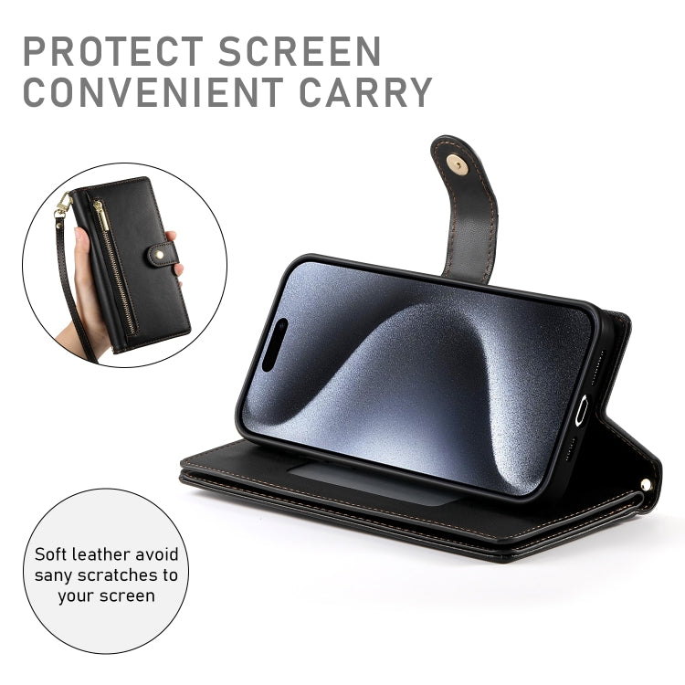 For iPhone 15 Pro Nine Card-slot Zipper Wallet Bag Leather Phone Case