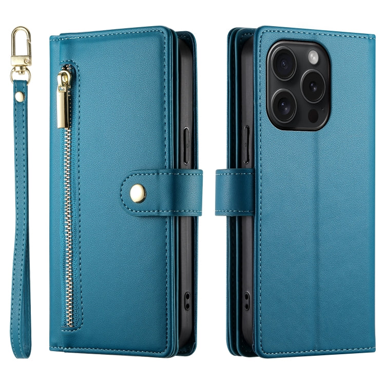 For iPhone 15 Pro Nine Card-slot Zipper Wallet Bag Leather Phone Case