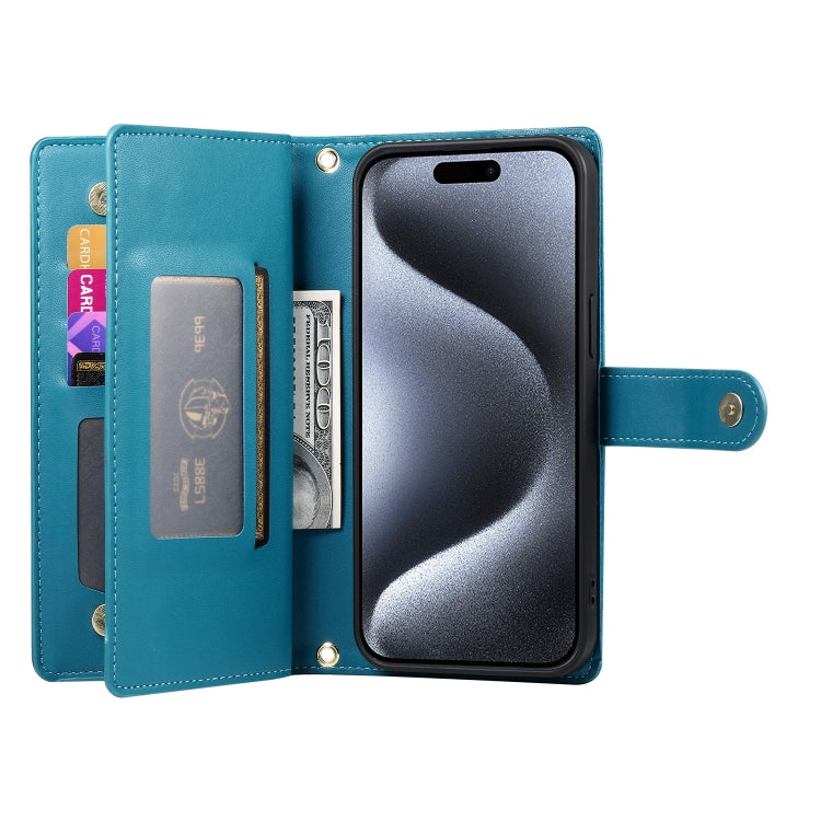 For iPhone 15 Pro Nine Card-slot Zipper Wallet Bag Leather Phone Case