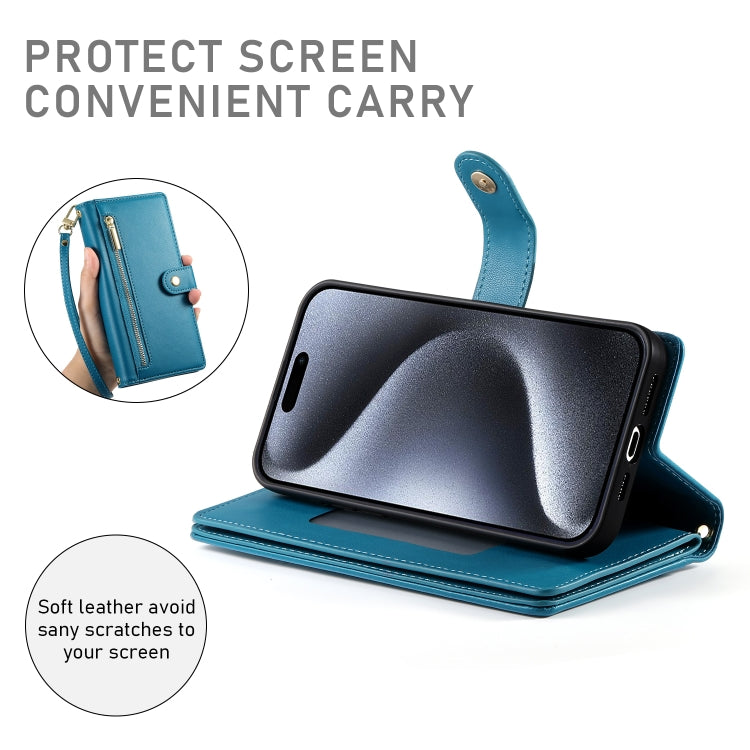 For iPhone 15 Pro Nine Card-slot Zipper Wallet Bag Leather Phone Case