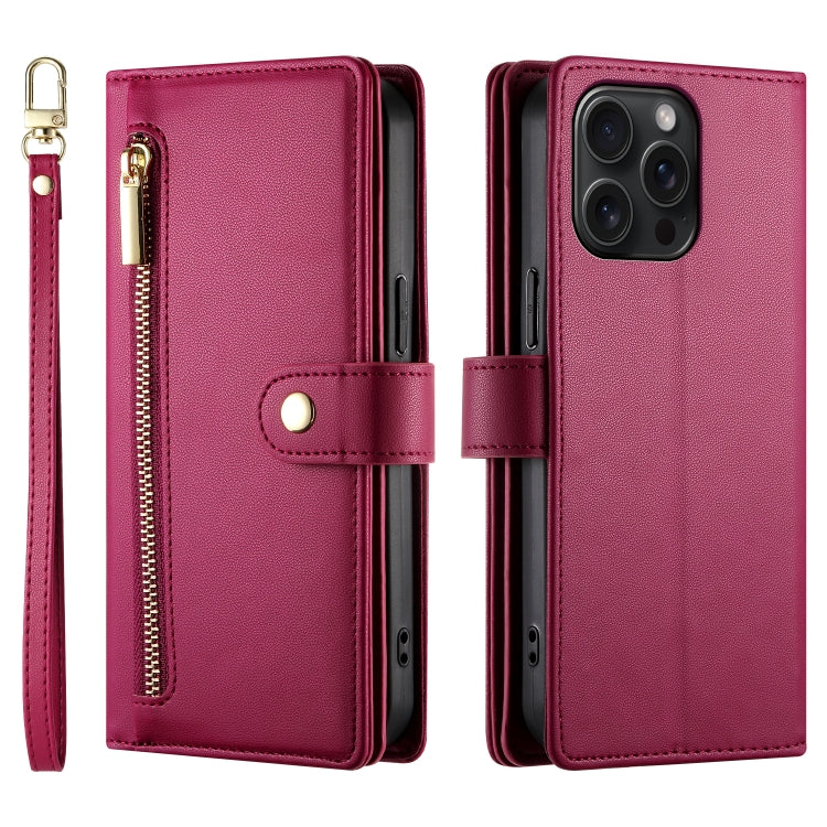 For iPhone 15 Pro Max Nine Card-slot Zipper Wallet Bag Leather Phone Case