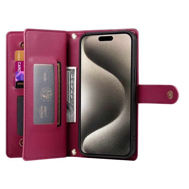 For iPhone 15 Pro Max Nine Card-slot Zipper Wallet Bag Leather Phone Case