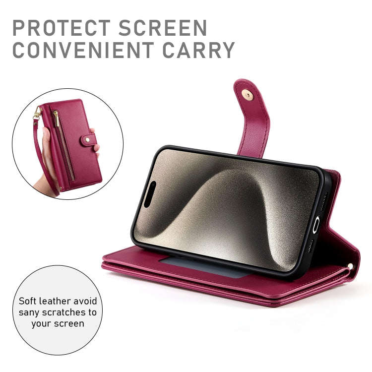 For iPhone 15 Pro Max Nine Card-slot Zipper Wallet Bag Leather Phone Case