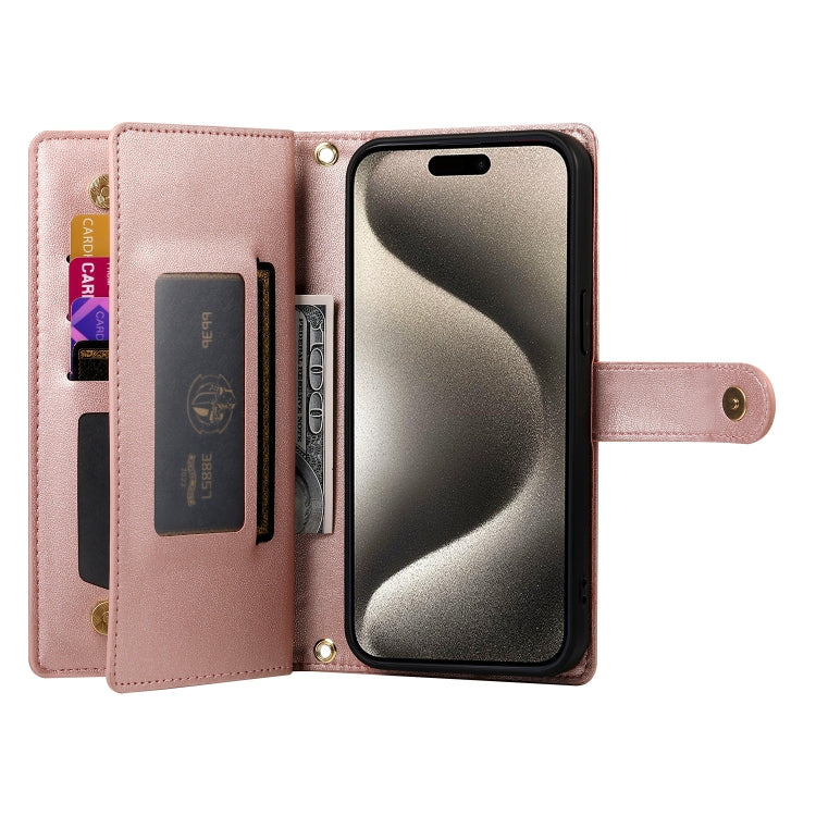 For iPhone 15 Pro Max Nine Card-slot Zipper Wallet Bag Leather Phone Case