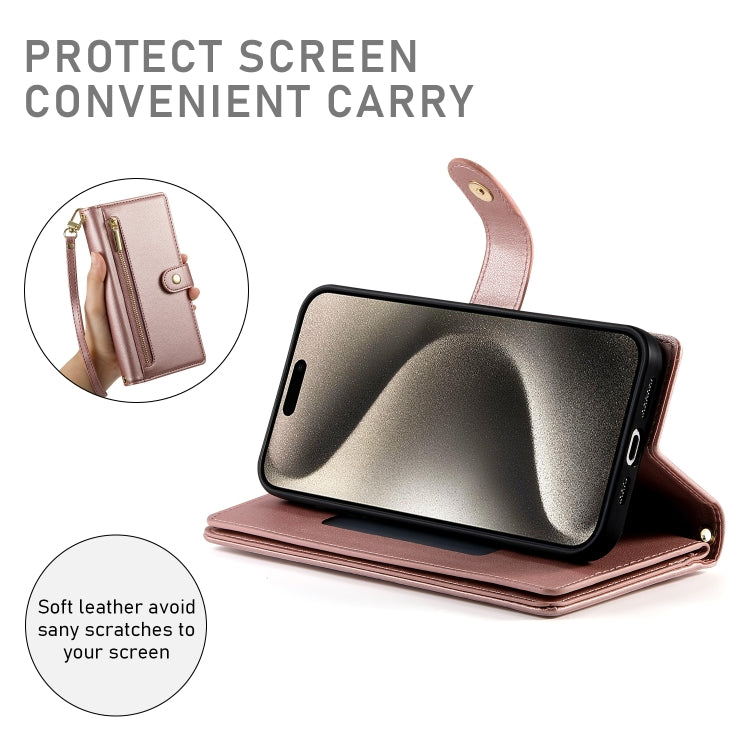 For iPhone 15 Pro Max Nine Card-slot Zipper Wallet Bag Leather Phone Case