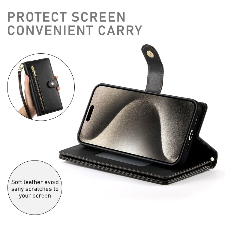 For iPhone 15 Pro Max Nine Card-slot Zipper Wallet Bag Leather Phone Case