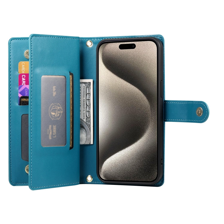 For iPhone 15 Pro Max Nine Card-slot Zipper Wallet Bag Leather Phone Case