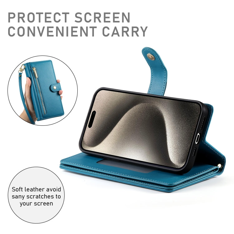 For iPhone 15 Pro Max Nine Card-slot Zipper Wallet Bag Leather Phone Case