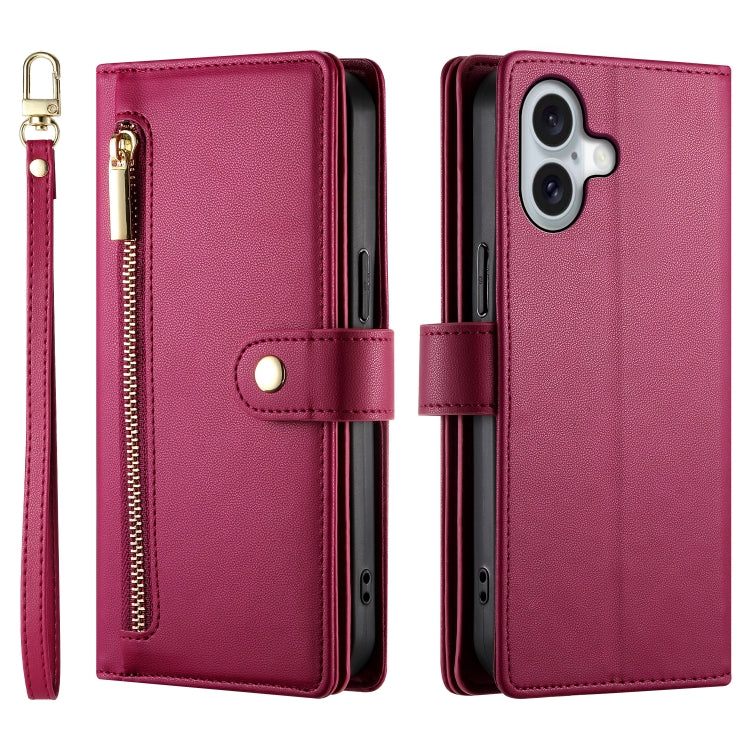 For iPhone 16 Nine Card-slot Zipper Wallet Bag Leather Phone Case