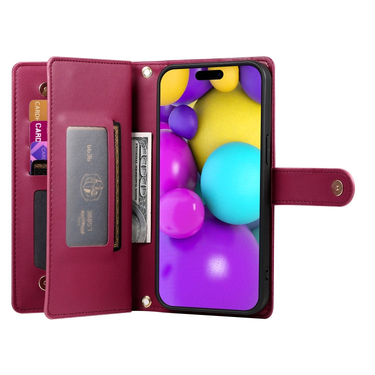 For iPhone 16 Nine Card-slot Zipper Wallet Bag Leather Phone Case