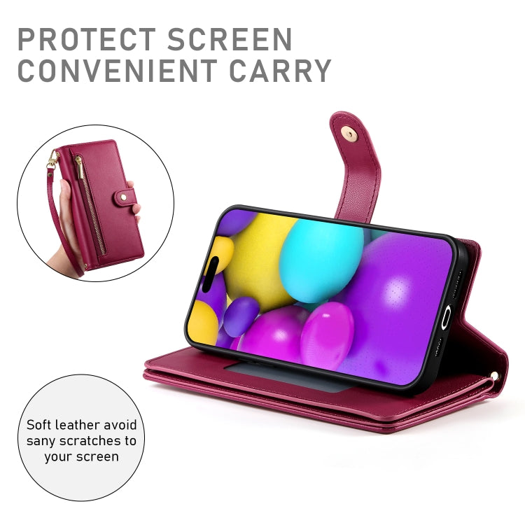 For iPhone 16 Nine Card-slot Zipper Wallet Bag Leather Phone Case