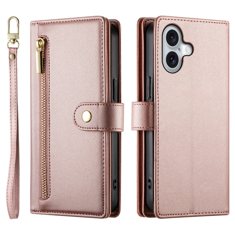 For iPhone 16 Nine Card-slot Zipper Wallet Bag Leather Phone Case