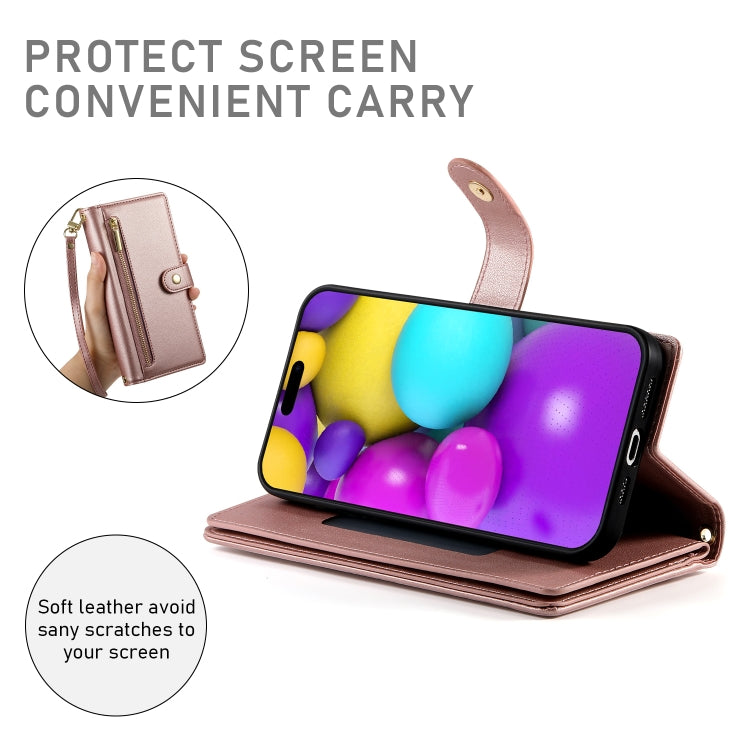 For iPhone 16 Nine Card-slot Zipper Wallet Bag Leather Phone Case