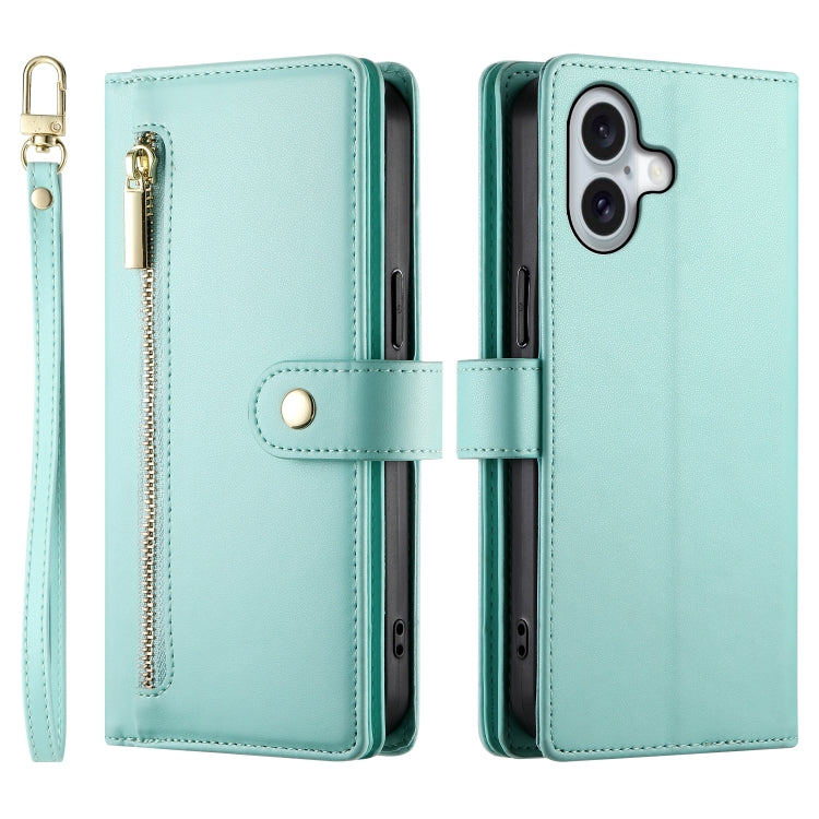 For iPhone 16 Nine Card-slot Zipper Wallet Bag Leather Phone Case