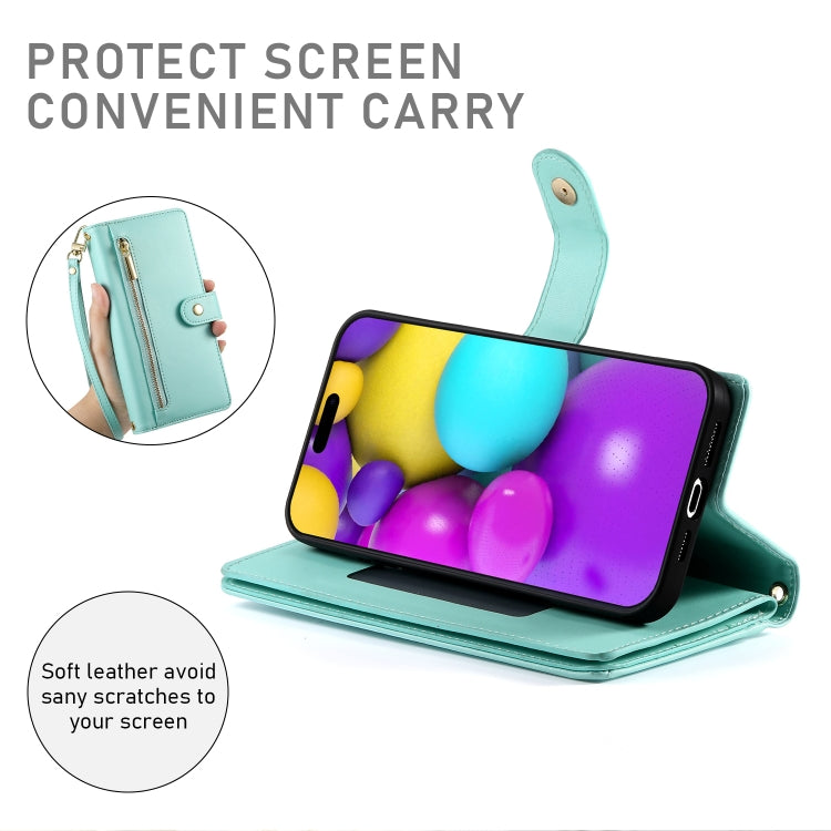 For iPhone 16 Nine Card-slot Zipper Wallet Bag Leather Phone Case