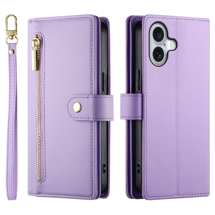 For iPhone 16 Nine Card-slot Zipper Wallet Bag Leather Phone Case
