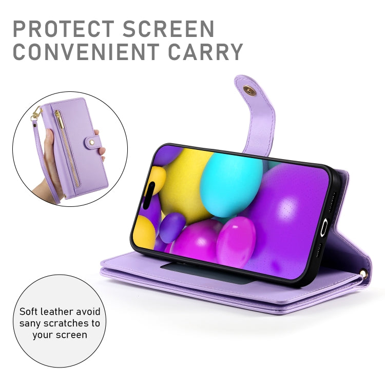 For iPhone 16 Nine Card-slot Zipper Wallet Bag Leather Phone Case