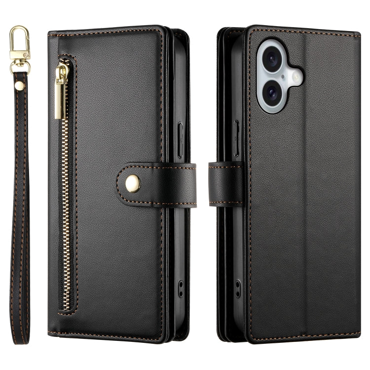 For iPhone 16 Nine Card-slot Zipper Wallet Bag Leather Phone Case