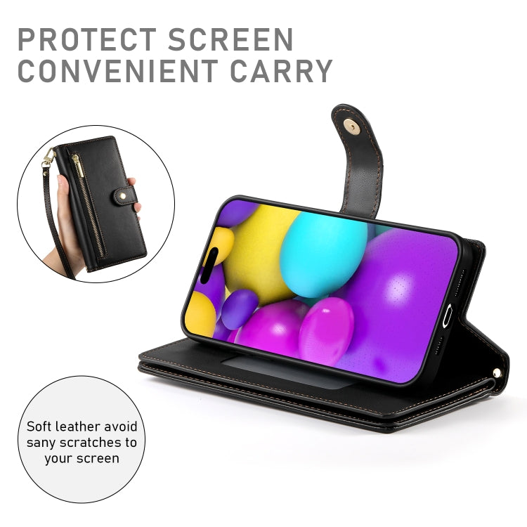 For iPhone 16 Nine Card-slot Zipper Wallet Bag Leather Phone Case