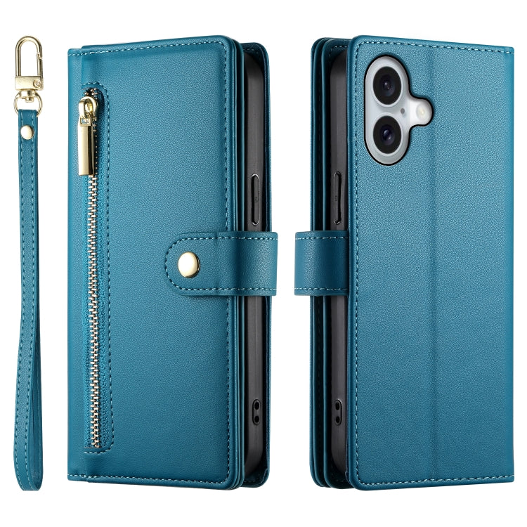 For iPhone 16 Nine Card-slot Zipper Wallet Bag Leather Phone Case