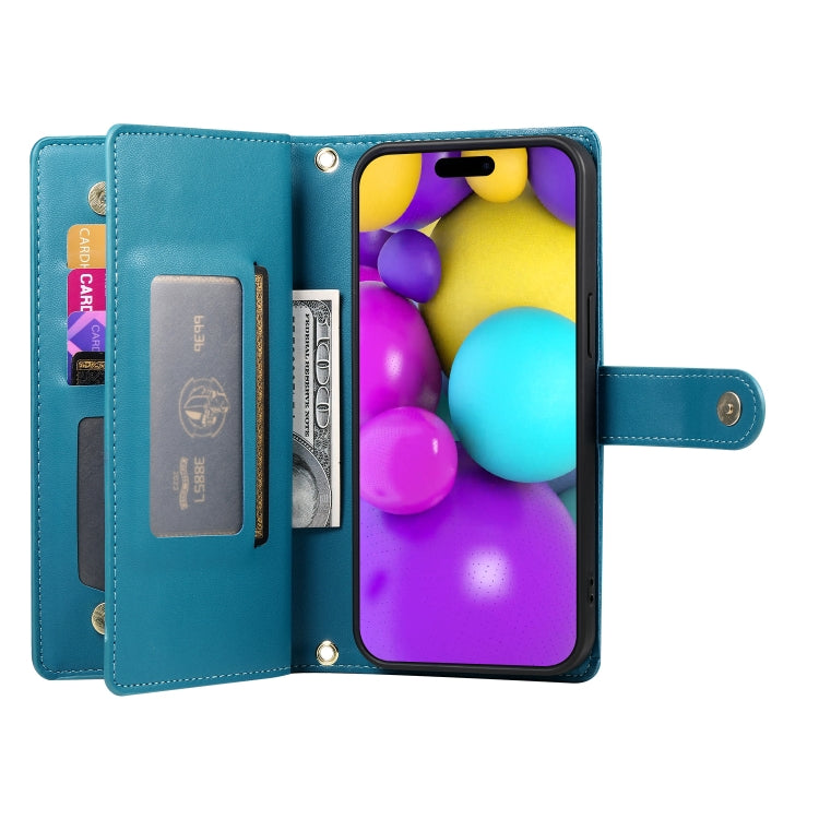 For iPhone 16 Nine Card-slot Zipper Wallet Bag Leather Phone Case
