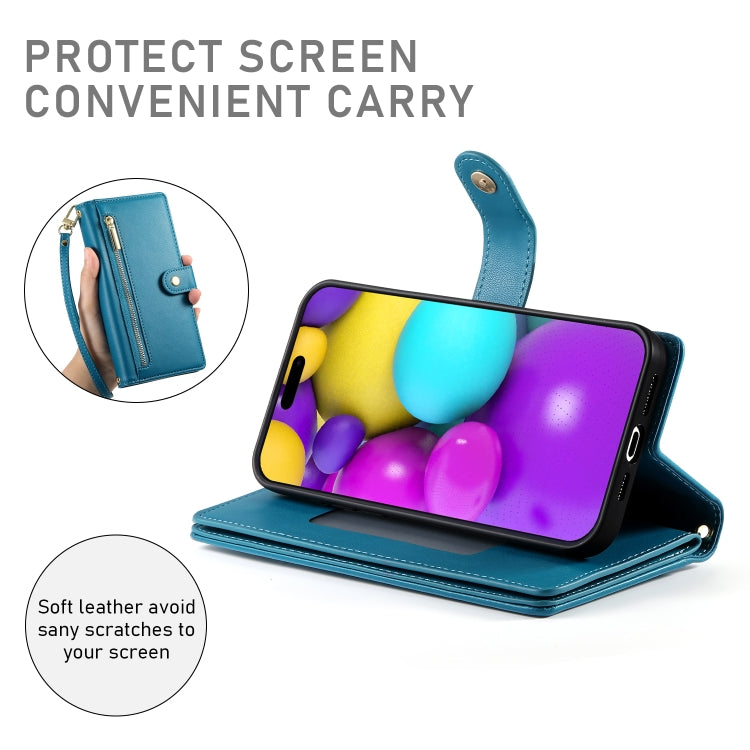 For iPhone 16 Nine Card-slot Zipper Wallet Bag Leather Phone Case
