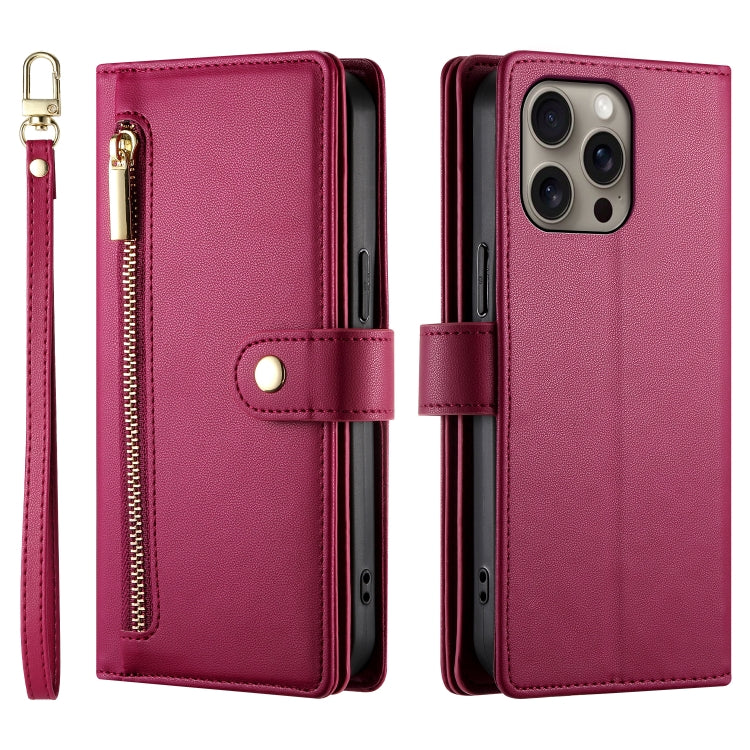 For iPhone 16 Pro Nine Card-slot Zipper Wallet Bag Leather Phone Case