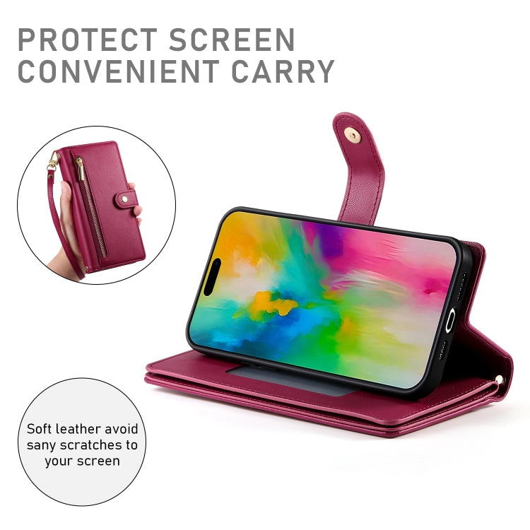 For iPhone 16 Pro Nine Card-slot Zipper Wallet Bag Leather Phone Case