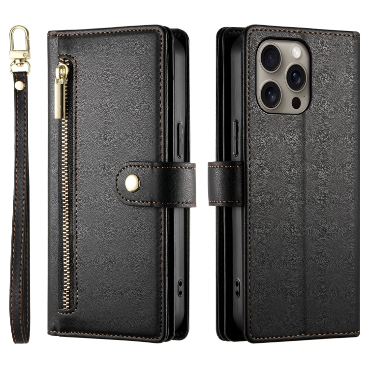 For iPhone 16 Pro Max Nine Card-slot Zipper Wallet Bag Leather Phone Case