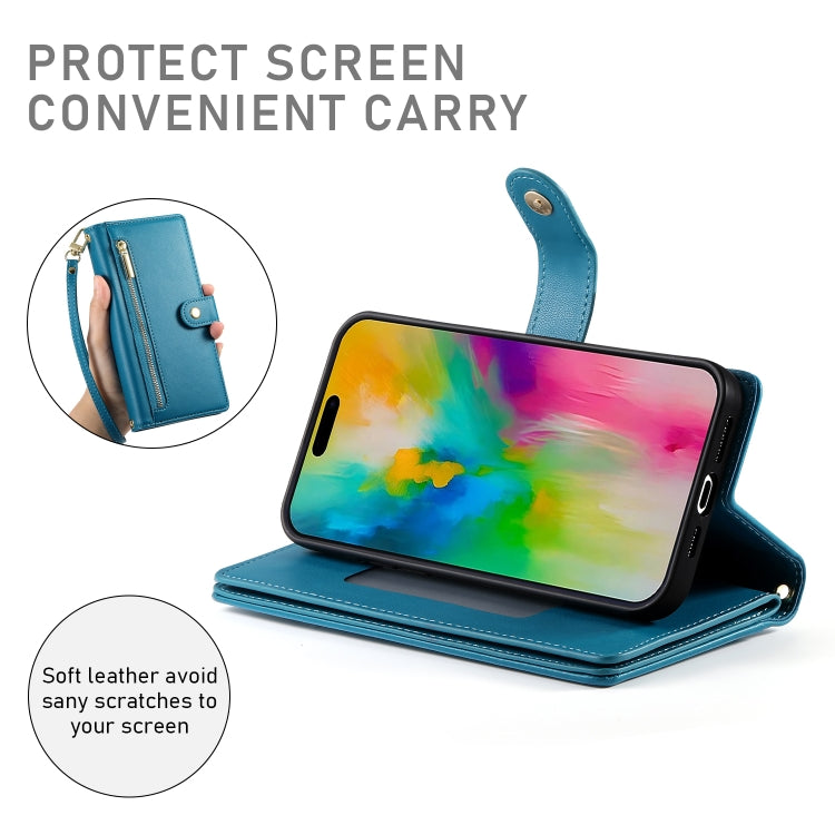 For iPhone 16 Pro Max Nine Card-slot Zipper Wallet Bag Leather Phone Case