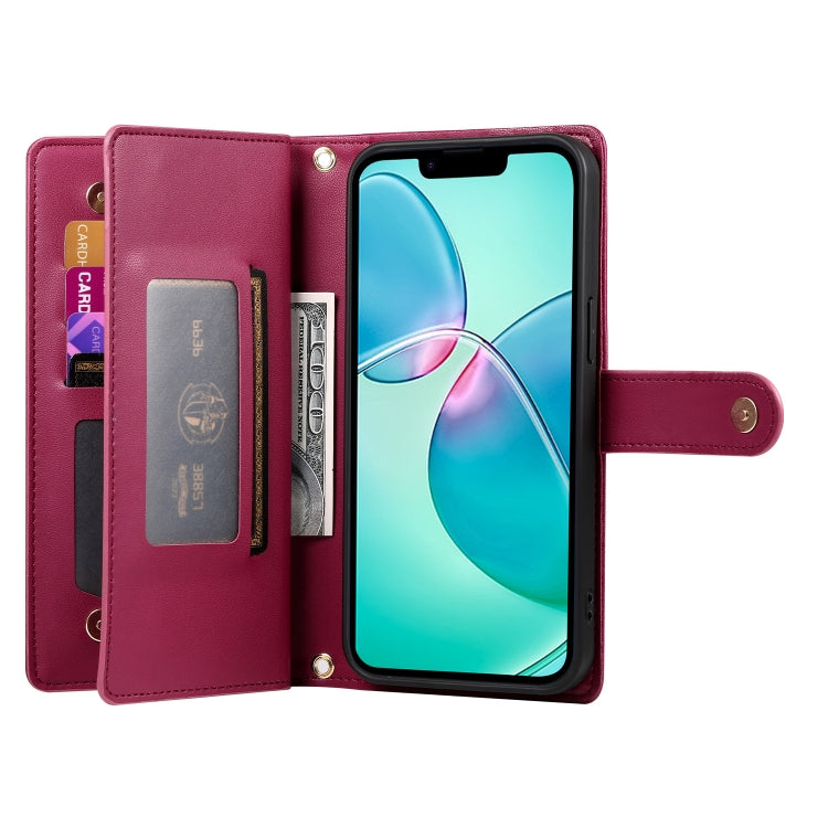 For iPhone 16e Nine Card-slot Zipper Wallet Bag Leather Phone Case
