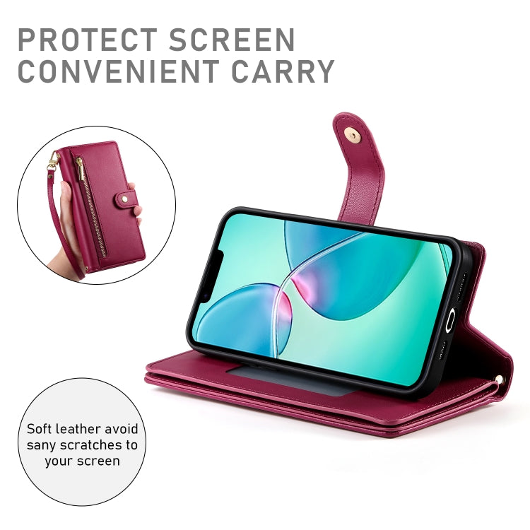 For iPhone 16e Nine Card-slot Zipper Wallet Bag Leather Phone Case