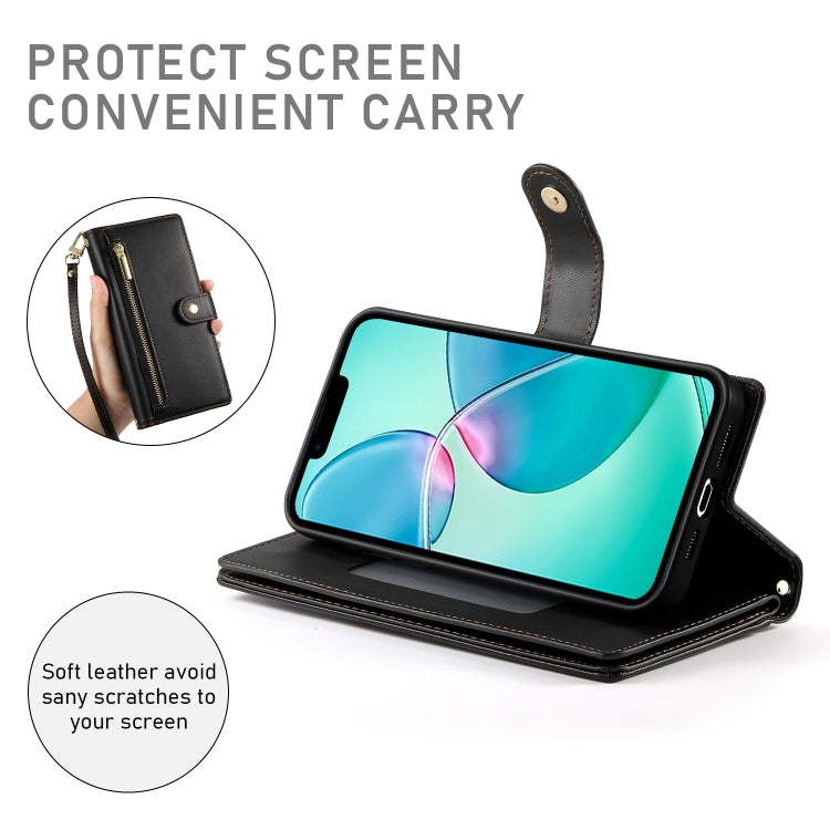 For iPhone 16e Nine Card-slot Zipper Wallet Bag Leather Phone Case