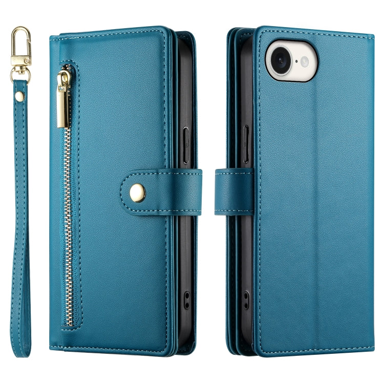 For iPhone 16e Nine Card-slot Zipper Wallet Bag Leather Phone Case