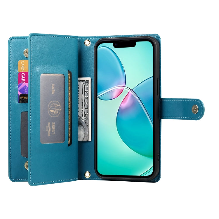 For iPhone 16e Nine Card-slot Zipper Wallet Bag Leather Phone Case