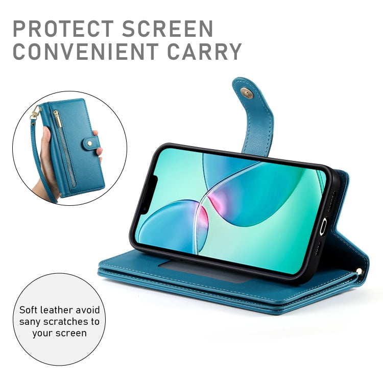 For iPhone 16e Nine Card-slot Zipper Wallet Bag Leather Phone Case