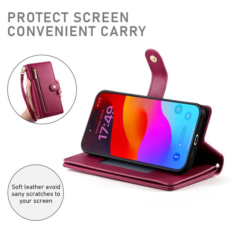 For iPhone 17 Pro Max Nine Card-slot Zipper Wallet Bag Leather Phone Case