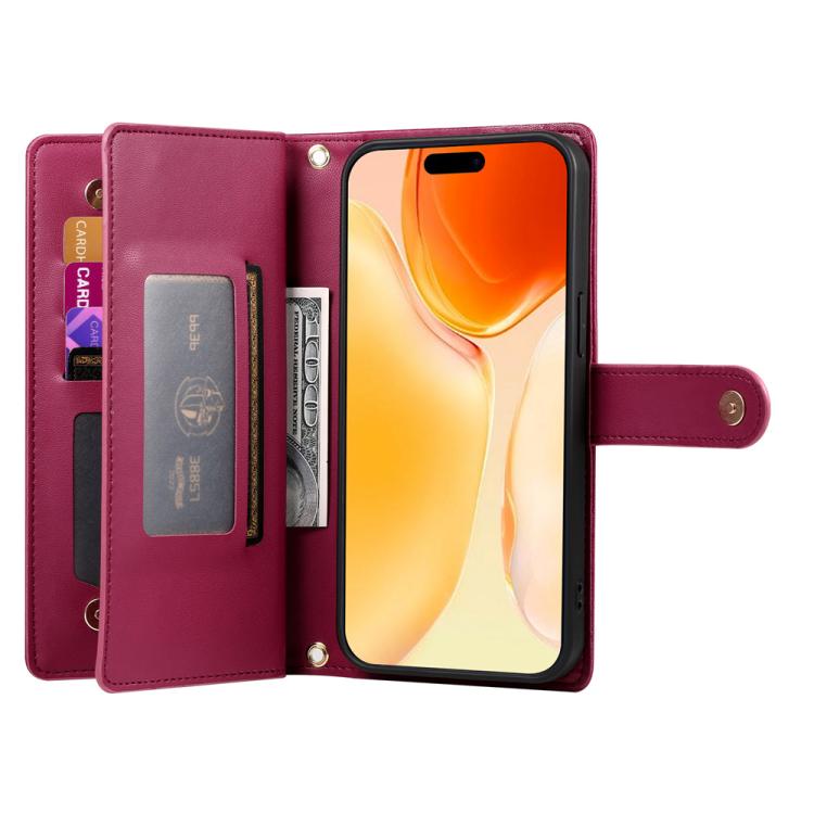 For iPhone 17 Nine Card-slot Zipper Wallet Bag Leather Phone Case