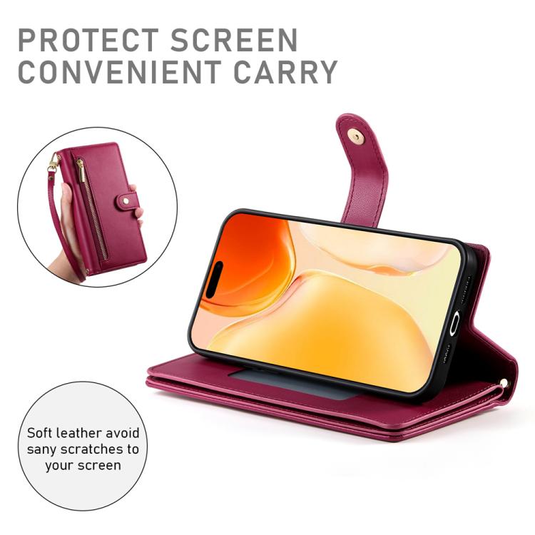 For iPhone 17 Nine Card-slot Zipper Wallet Bag Leather Phone Case