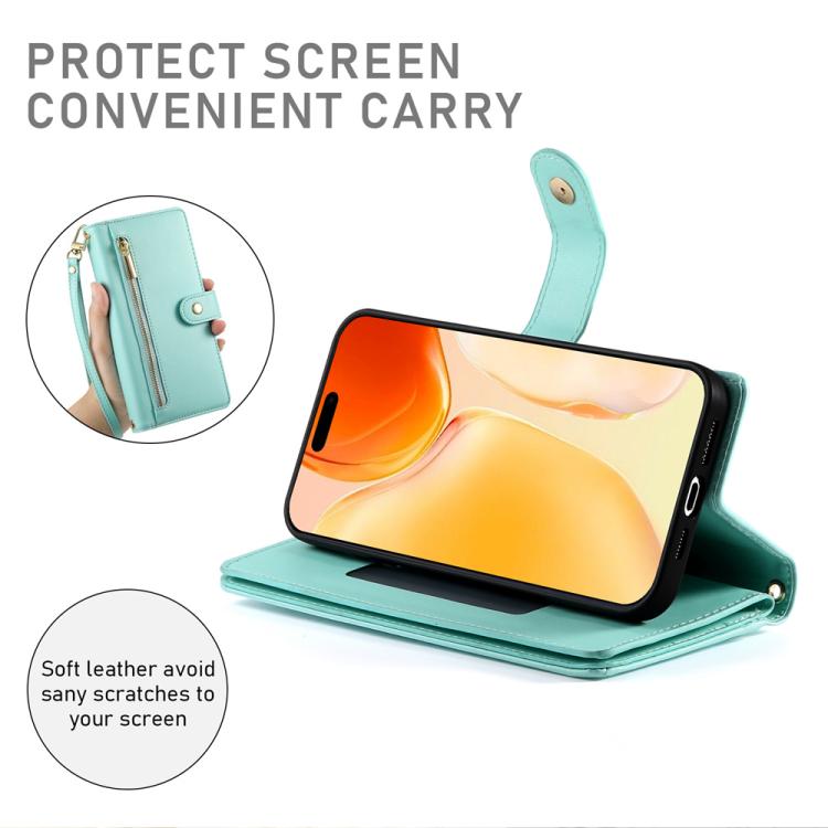 For iPhone 17 Nine Card-slot Zipper Wallet Bag Leather Phone Case
