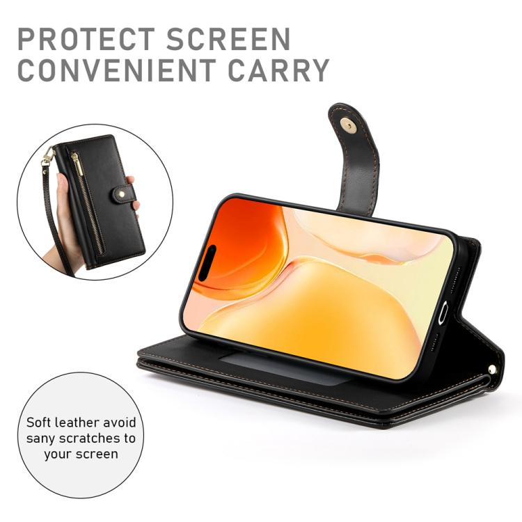 For iPhone 17 Nine Card-slot Zipper Wallet Bag Leather Phone Case