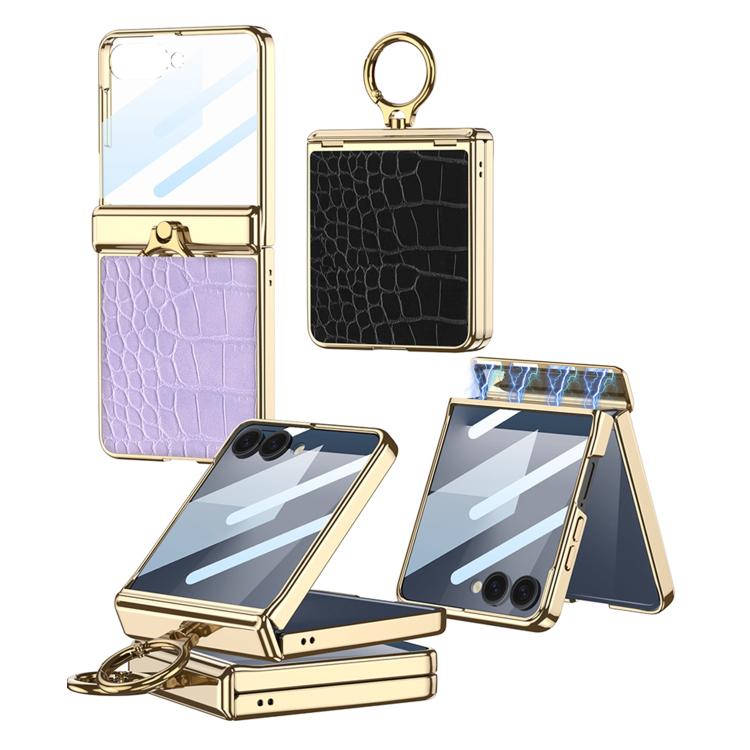 For Samsung Galaxy Z Flip7 5G GKK Integrated Electroplated Crocodile Texture Leather Phone Case with Ring