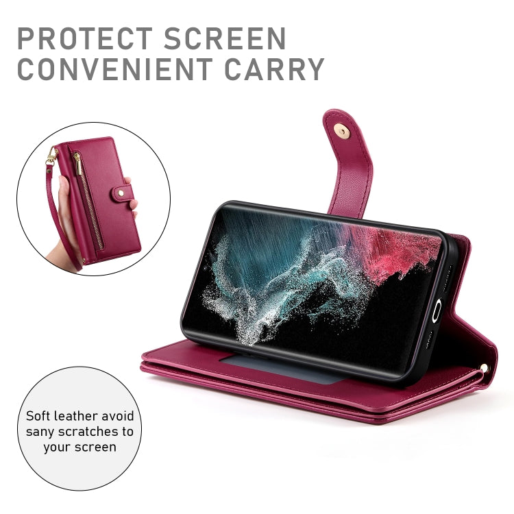 For Samsung Galaxy S22 Ultra 5G Nine Card-slot Zipper Wallet Bag Leather Phone Case