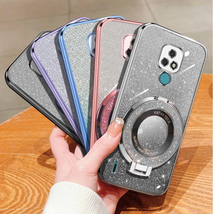 For Motorola Moto E7 Plated Gradient Glitter Round Holder TPU Phone Case