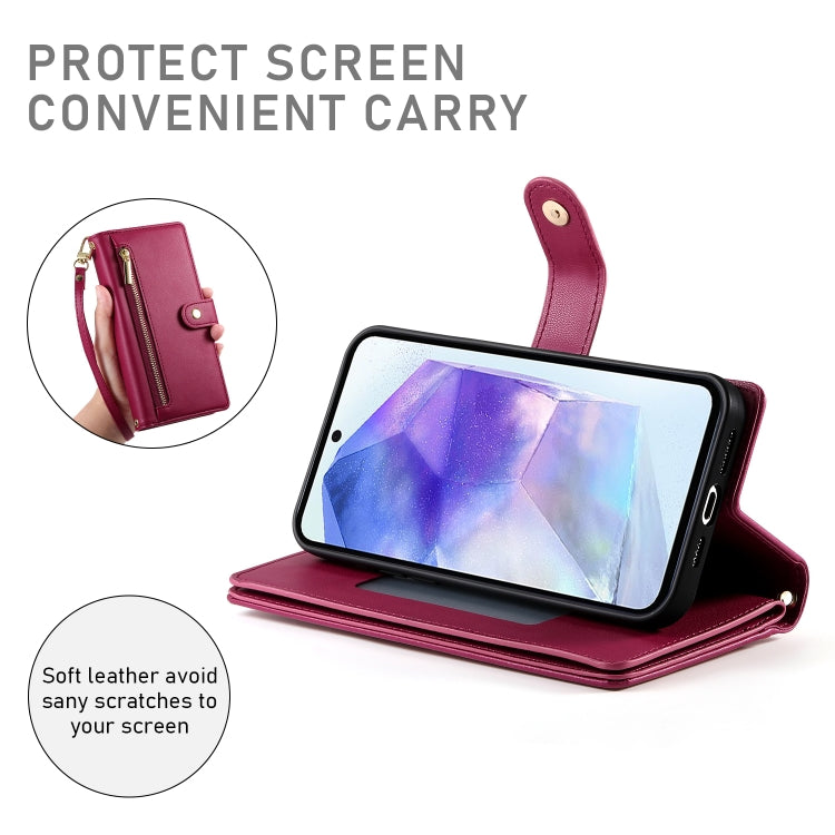 For Samsung Galaxy A55 Nine Card-slot Zipper Wallet Bag Leather Phone Case