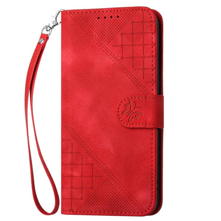 For Honor 600 Lite Global Grid Butterfly Embossed Pattern Leather Phone Case with Lanyard