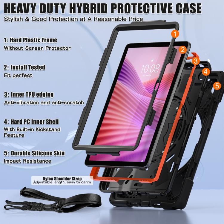 For Lenovo Tab 10.1 2025 / ZhaoYang K10c Rotatable Holder Silicone Hybrid PC Tablet Case with Shoulder Strap